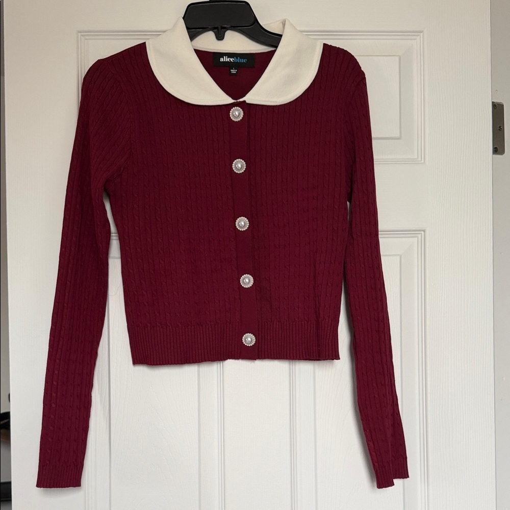 Burgundy Cardigan sweater with Cream Collar size L - Picture 1 of 8
